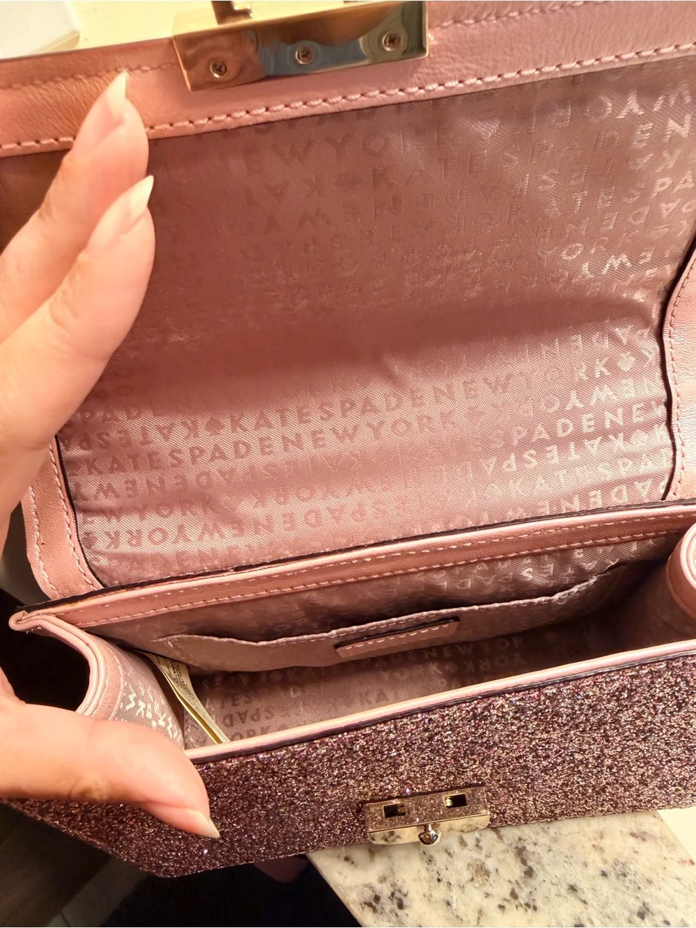 Kate Spade Sunset Lane Eden rose gold glitter crossbody bag NWOT